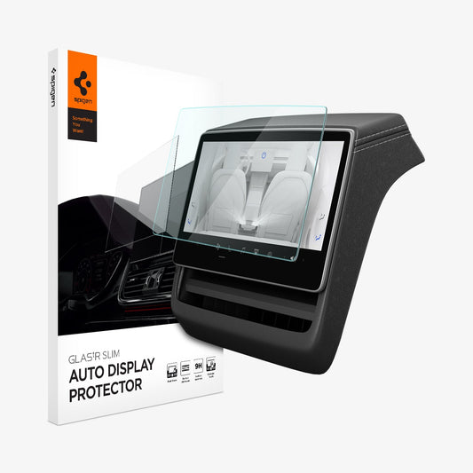 AGL10655 - Tesla Series Screen Protector Glas.tR SLIM (Rear) showcasing the screen protector on Tesla screen with packaging
