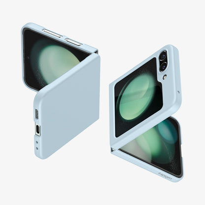 ACS06233 - Galaxy Z Flip 5 Case AirSkin in mute blue showing the back, front and sides of two devices
